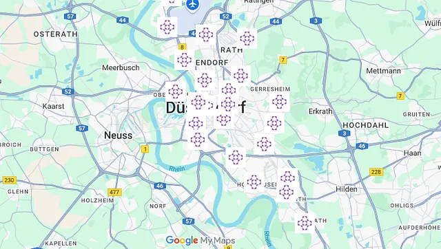 Karte, auf der Evangelische Orte in Düsseldorf eingezeichnet sind