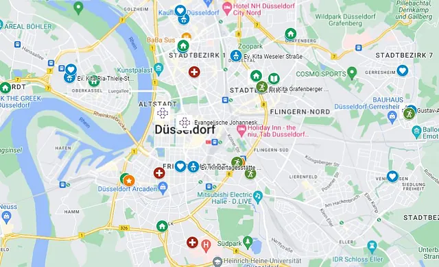 Karte, auf der Evangelische Orte in Düsseldorf eingezeichnet sind